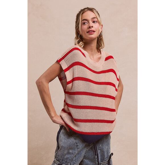 BiBi Fourth Of July Stripe Pattern Drop Shoulder Pullover Sweater | Oatmeal/Red - Picture 3 of 9